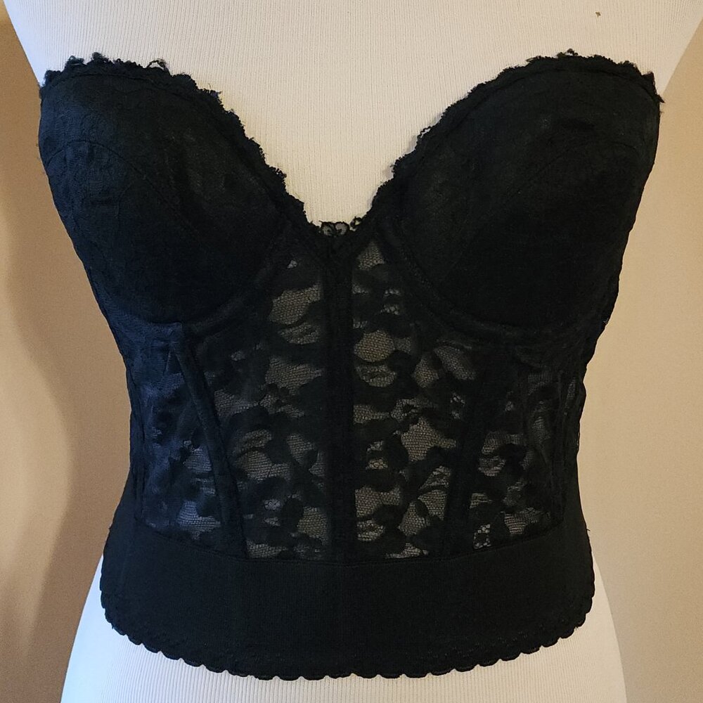 Frederick’s of Hollywood 5805 Black Lace Boned Bustier Corset Low Back Bra 36B